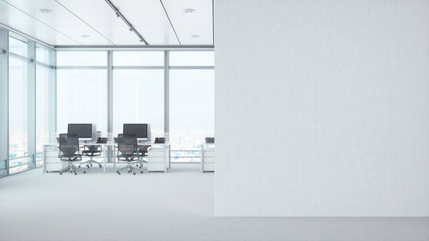 modern empty office room with white blank wall - window glass fotos imagens e fotografias de stock