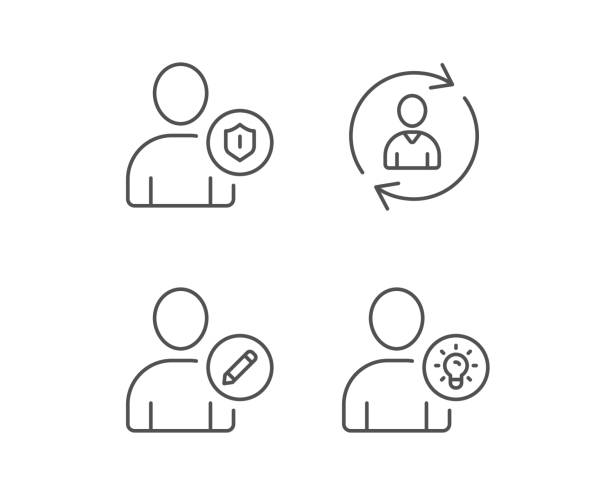 ilustrações de stock, clip art, desenhos animados e ícones de user, edit profile and idea line icons. - people director editorial computer icon