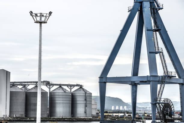 istock The base structure of a blue crane and storage silos at a port 807827734