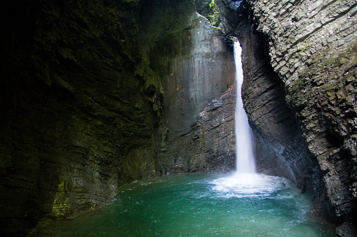 Waterfall Kozjek, hidden in near Kobarid in Slovenia