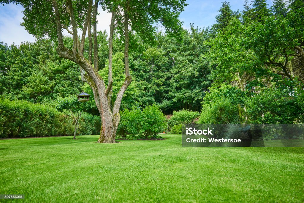 Garden in the countryside Park-like garden with colorful flowers and nice kept lawn. The house at the end of the garden. Yard - Grounds Stock Photo