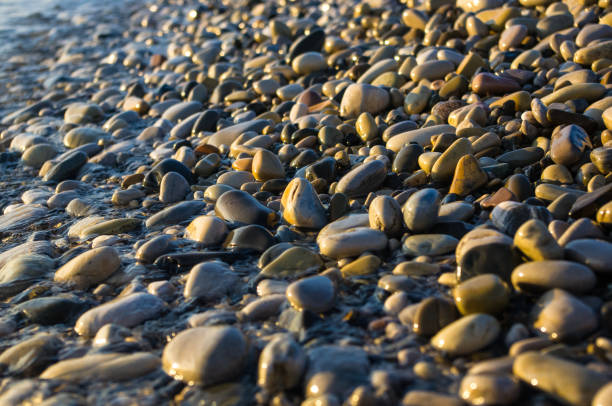 istock sea pebble beach with multicoloured stones, waves with foam 807862070