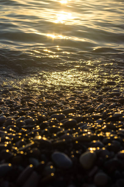 istock sea pebble beach with multicoloured stones, waves with foam 807863946