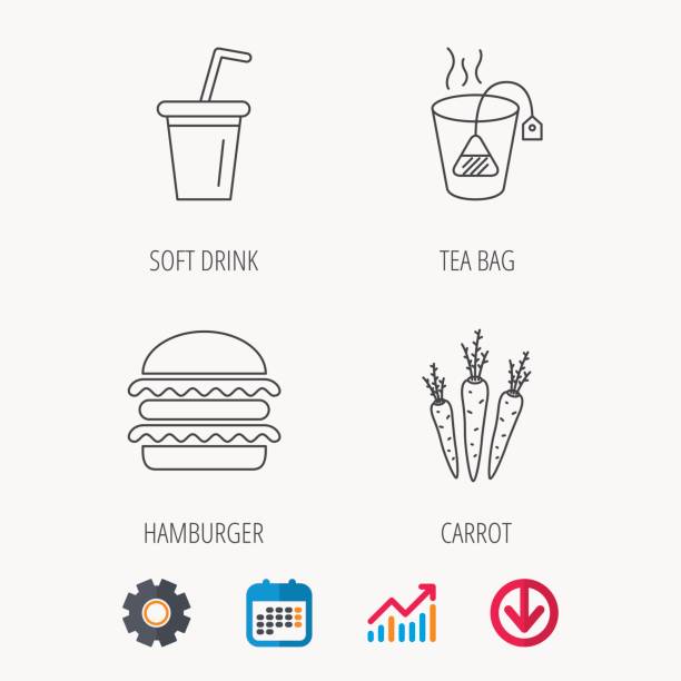 hamburger, tee und softdrinks symbole tasche. - möhre grafiken stock-grafiken, -clipart, -cartoons und -symbole