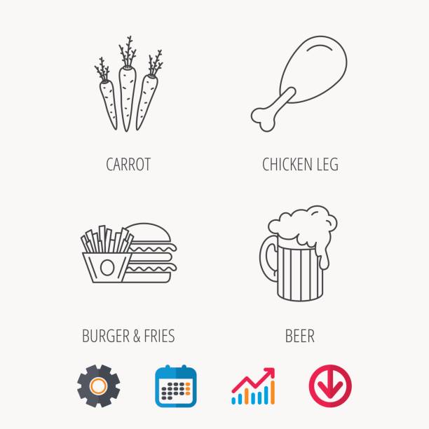 hamburger, bier und hähnchenschenkel symbole. - möhre grafiken stock-grafiken, -clipart, -cartoons und -symbole