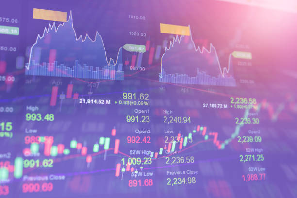 istock Digital data indicator analysis on financial market trade chart on LED. Concept Stock data trade. Double exposure style 807920850