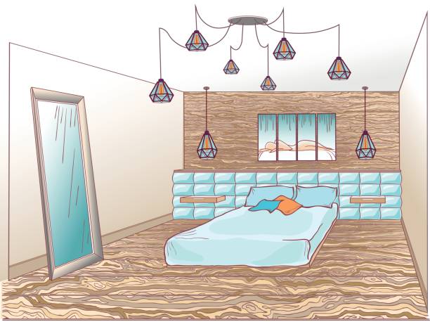 Loft bedroom blue brown Interior bedroom loft with a bed soft quilted, wooden wall and floor, a lamp spider, a mirror and a modern painting with a silhouette on a headboard, blue and brown colorloft, wooden, lamp spider, mirror, silhouette, nude,  headboard, sketch, lines head board bed blue stock illustrations