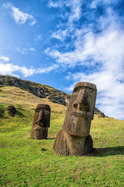 Moai statues in the Rano Raraku Volcano in Easter Island, Chile Moai statues in the Rano Raraku Volcano in Easter Island, Chile with blue sky easter island stock pictures, royalty-free photos & images