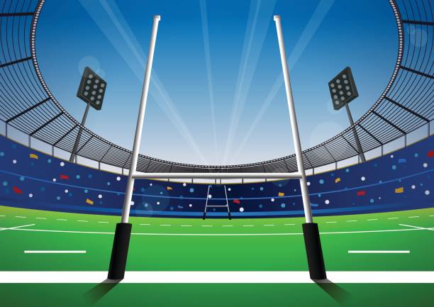 illustrations, cliparts, dessins animés et icônes de terrain de rugby avec stade lumineux. - rugby