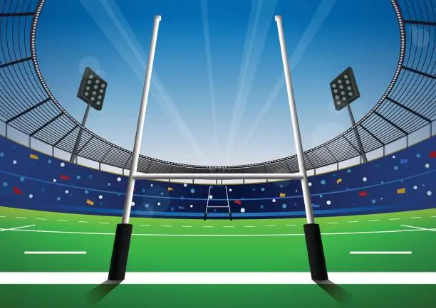 Vector illustration of Rugby field with bright stadium.