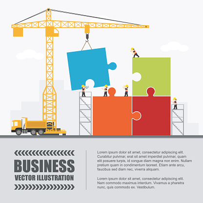 Crane and puzzle building. Infographic Template. Vector Illustration.