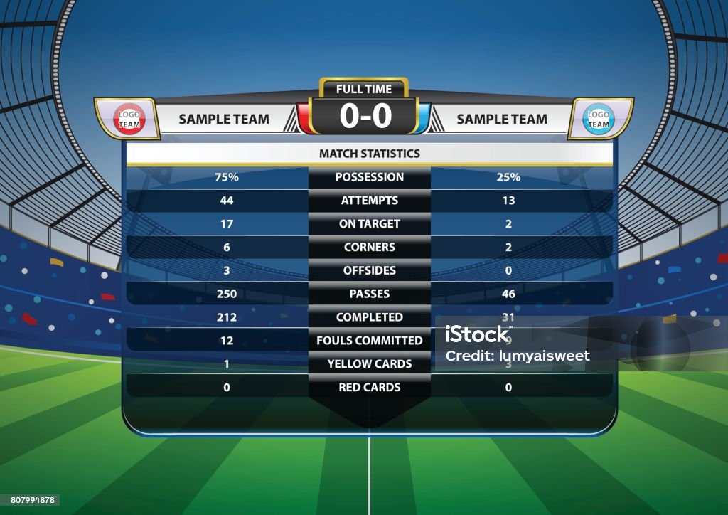 Football Soccer Match Statistics Football Soccer Match Statistics on Soccer stadium football cheer fans background. Infographic. Vector illustration. Soccer stock vector