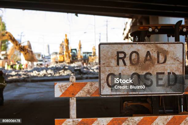 Road Closed Barricade Blocks Access To Major Interstate Construction Site Stock Photo - Download Image Now