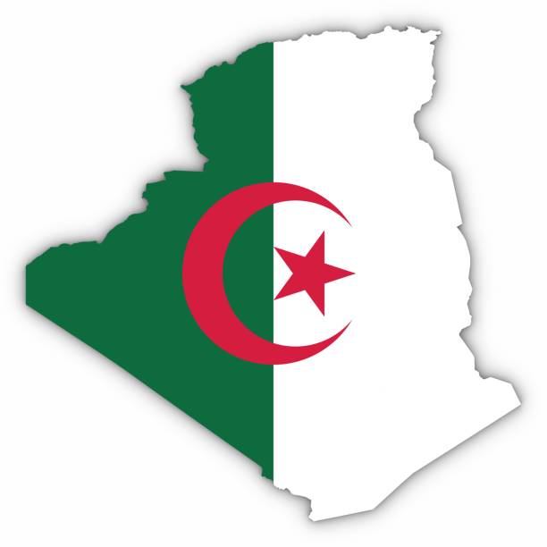 Algeria Map Outline with Algerian Flag on White with Shadows 3D Illustration
