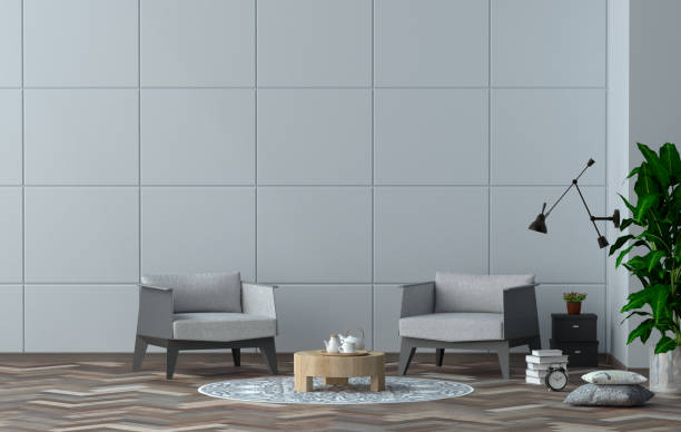 istock interior design and simple furniture set 3D illustration modern interior design with gray armchair in Office room. 808017492