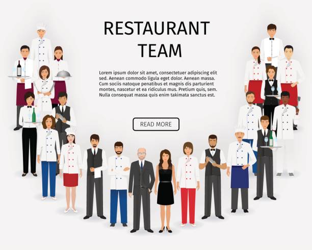 Hotel restaurant team. Group of catering service characters standing in uniform. Food service staff website banner. Hotel restaurant team. Group of catering service characters standing together in uniform. Food service staff website banner. Vector illustration. battery hen stock illustrations