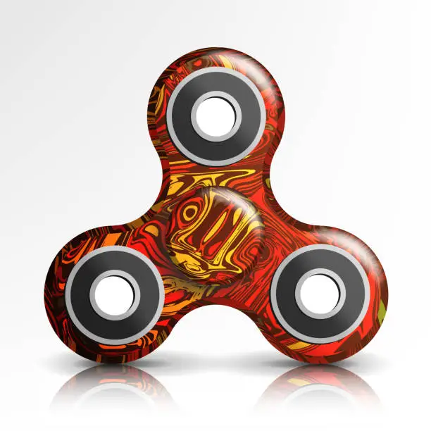 Vector illustration of Spinner Toy Vector. Bright Plastic Fidgeting Hand Toy For Stress Relief And Improvement Of Attention Span. Rotation. Fidget Finger Spinner Stress, Anxiety Relief Toy. Realistic 3D Vector Illustration