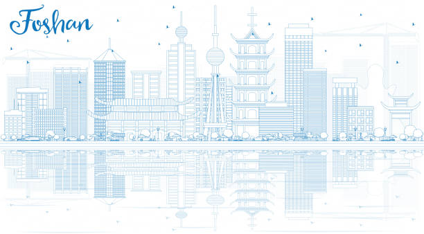 Outline Foshan Skyline with Blue Buildings and Reflections. Outline Foshan Skyline with Blue Buildings and Reflections. Vector Illustration. Business Travel and Tourism Concept with Modern Architecture. Image for Presentation Banner Placard and Web Site. business architecture blue people stock illustrations