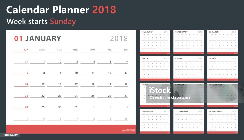 Calendar planner 2018, week starts sunday, vector design template calendar planner for 2018 starts sunday, vector calendar design 2018 year Calendar stock vector