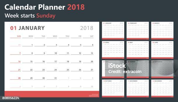 Calendar Planner 2018 Week Starts Sunday Vector Design Template Stock Illustration - Download Image Now