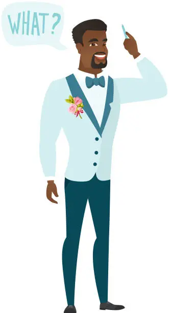 Vector illustration of Groom with question what in speech bubble