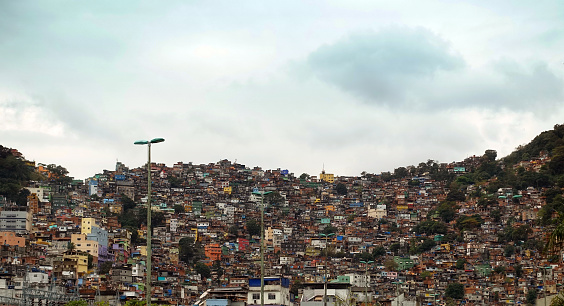 Favela Rocinha, Rio de Janeiro, Brazil. Largest favela in Brazil built on a steep hillside in Rio de Janeiro's South Zone between the districts of São Conrado and Gávea.