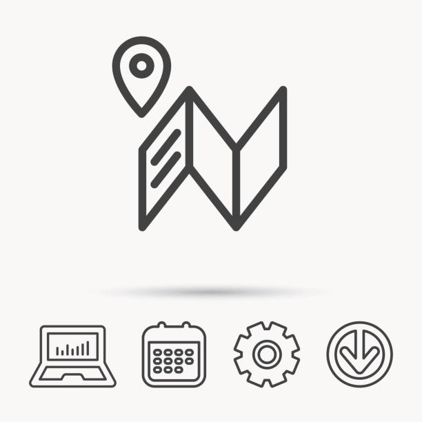 Map icon. GPS navigation with pin sign. Map icon. GPS navigation with pin sign. Notebook, Calendar and Cogwheel signs. Download arrow web icon. Vector satellite stamp stock illustrations
