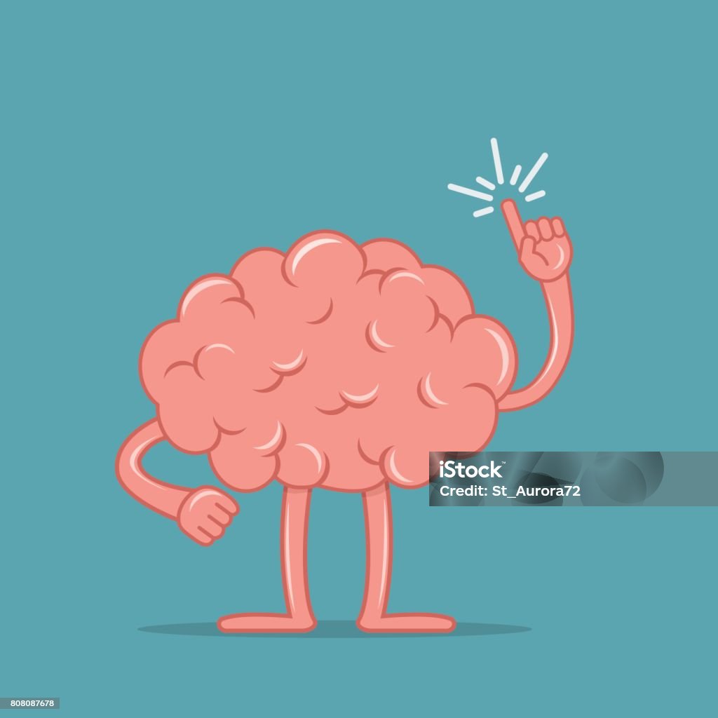 Cartoon brain holding up his index finger and giving advice. Isolated character of the brain in flat style. Cartoon brain holding up his index finger and giving advice. Isolated character of the brain in flat style. Vector illustration. Cartoon stock vector
