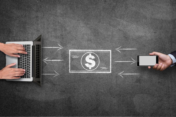 istock Mobile phone and laptop with financial concept on blackboard 808097088