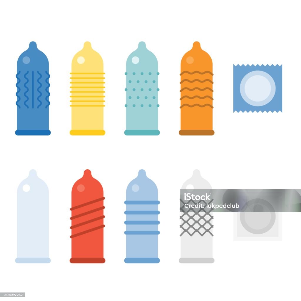 Condom collections icons set Condom collections icons set, flat design Condom stock vector