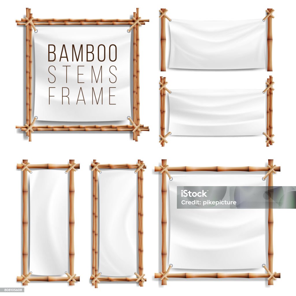 Bamboo Frame Set Vector With Canvas. Wooden Frame Of Bamboo Sticks Swathed In Rope. Banner Template Bamboo Frame Template Vector. Good For Tropical Signboard. Empty Canvas For Text. Realistic Bamboo - Material stock vector