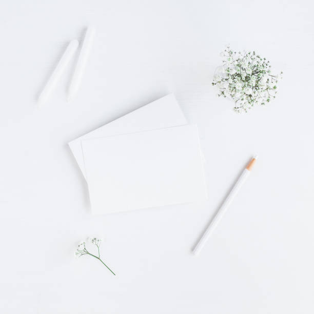 istock Workspace with paper blank, gypsophila flowers. Flat lay, top view 808105750