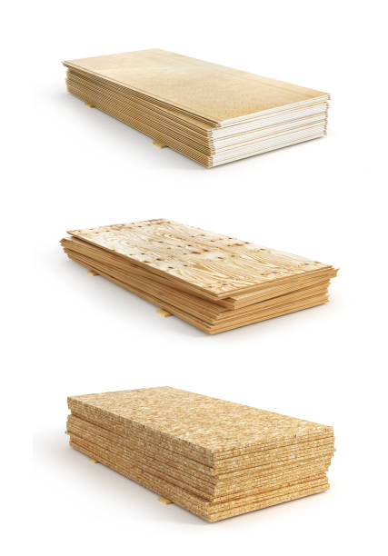 Set of stacks of different boards. OSB, plywood and gypsum board. 3d illustration Set of stacks of different boards. OSB, plywood and gypsum board. 3d illustration plywood stock pictures, royalty-free photos & images