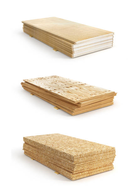 Set of stacks of different boards. OSB, plywood and gypsum board. 3d illustration Set of stacks of different boards. OSB, plywood and gypsum board. 3d illustration Plywood stock pictures, royalty-free photos & images