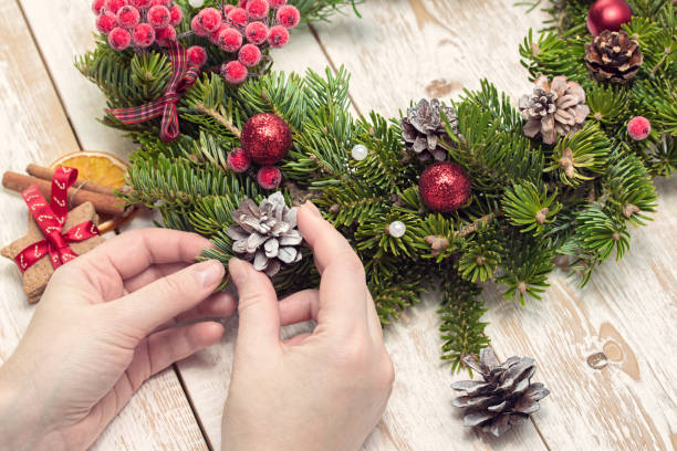 istock Christmas decorations on wooden background 808125452