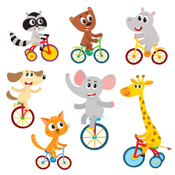 illustrations, cliparts, dessins animés et icônes de mignons petits personnages animaux équitation monocycle, vélo, tricycle, vélo - unicycling