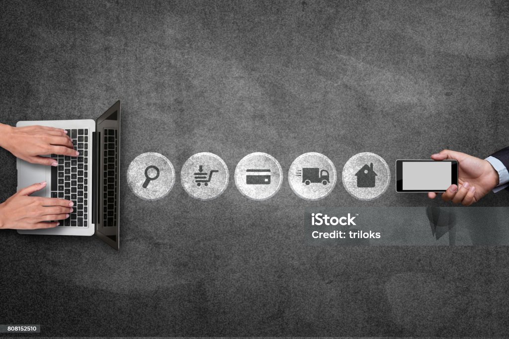 Mobile phone and laptop with online shopping process icons Online shopping process icons on blackboard E-commerce Stock Photo