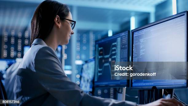 Closeup Shot Of Female It Engineer Working In Monitoring Room She Works With Multiple Displays Stock Photo - Download Image Now
