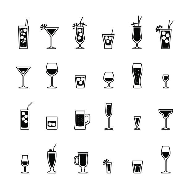 ilustraciones, imágenes clip art, dibujos animados e iconos de stock de bebidas alcohólicas y cócteles, conjunto de iconos blanco y negro - wineglass symbol coffee cup cocktail