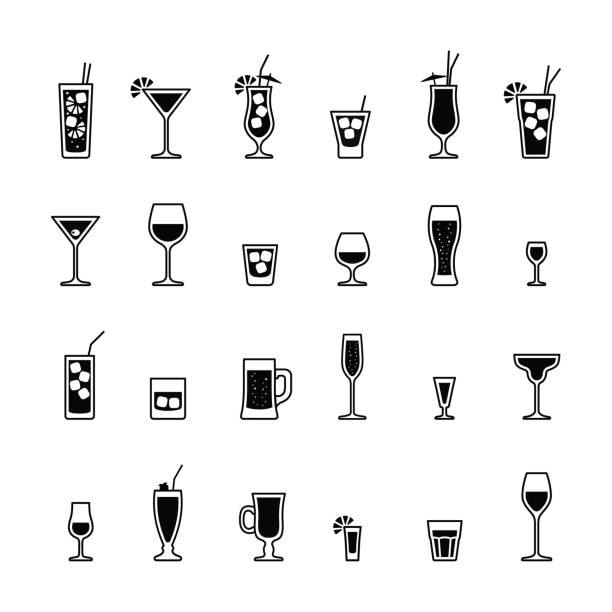 illustrations, cliparts, dessins animés et icônes de boissons alcoolisées et cocktails, ensemble d’icônes noir et blanc - shot glass glass black empty