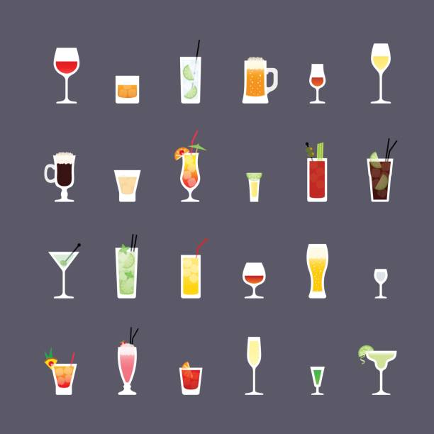 알코올 음료와 칵테일, 평면 아이콘 세트 - whisky shot glass glass beer glass stock illustrations