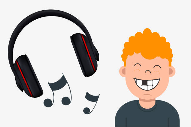 ilustrações de stock, clip art, desenhos animados e ícones de joyful boy with missing tooth listening to music. headphone and musical notes - sound headphones music human teeth