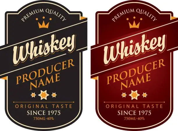 Vector illustration of two retro labels for whiskey in the curly frame