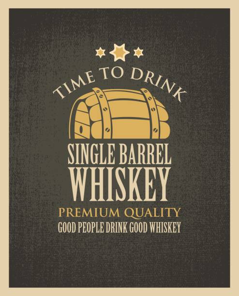 banner with a barrel of whiskey in retro style Vector banner with the words time to drink. Single barrel whiskey on a fabric background in retro style. Good people drink good whiskey. bourbon barrel stock illustrations