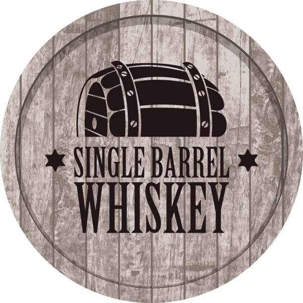 banner with a barrel of whiskey in retro style Vector banner with Single barrel whiskey on a a gray wooden background in retro style. bourbon barrel stock illustrations