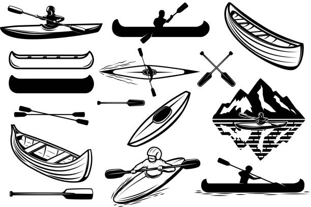 ilustrações de stock, clip art, desenhos animados e ícones de set of the kayaking sport icons. canoe, boats, oarsmans. design elements for label, emblem, sign. vector illustration - caiaque