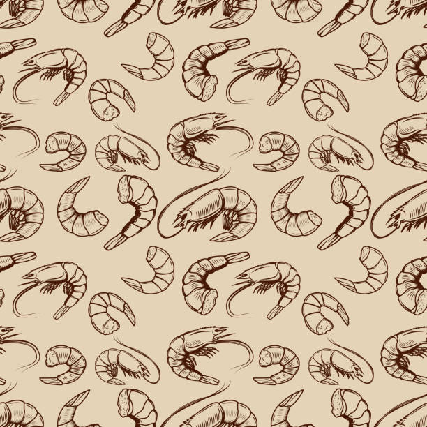 Seamless pattern with shrimps. Design element for poster, wrapping paper. Vector illustration Seamless pattern with shrimps. Design element for poster, wrapping paper. Vector illustration shrimp prepared shrimp seafood vector stock illustrations