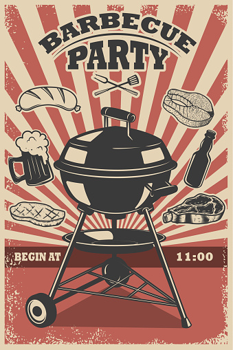 Barbecue party flyer template. Grill, fire, grilled meat, beer, butcher tools. Design elements for poster, restaurant menu. Vector illustration