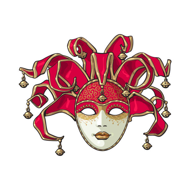 Decorated Venetian carnival, jester mask with bells and golden glitter Decorated Venetian carnival, jester mask with bells and golden glitter, sketch style vector illustration isolated on white background. Realistic hand drawing of carnival, Venetian mask with bells painted masquerade masks stock illustrations