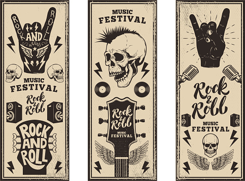 Rock and roll party flyers template. Vintage guitars, punk skull, rock and roll sign on grunge background. Vector illustration